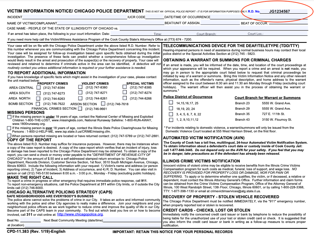 The Victim Information Notice document, with the RD number location circled in red